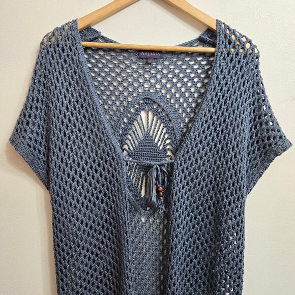 Artesia Womens Boho Crochet Duster Cover-up Size M Blue Beaded Open Knit Boho - Picture 2 of 12